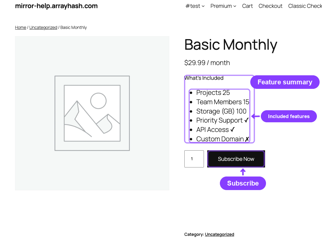 Storefront product page with the What's Included feature summary