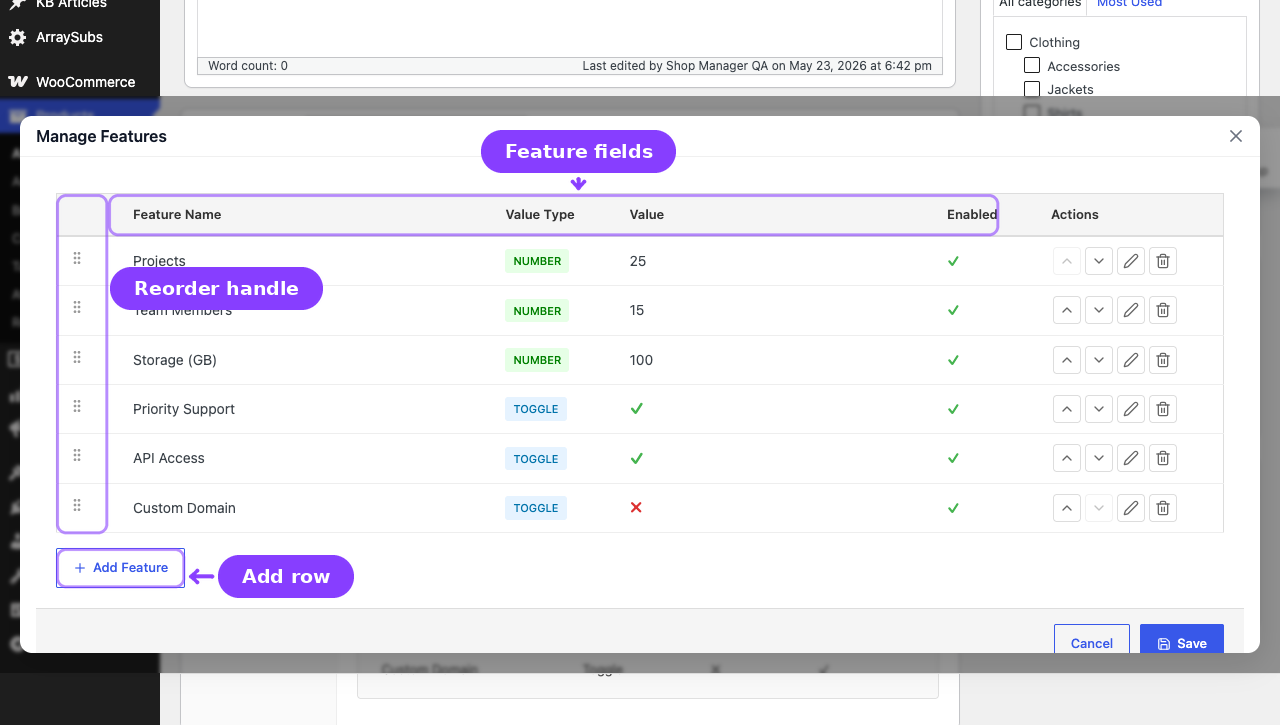 Manage Features modal