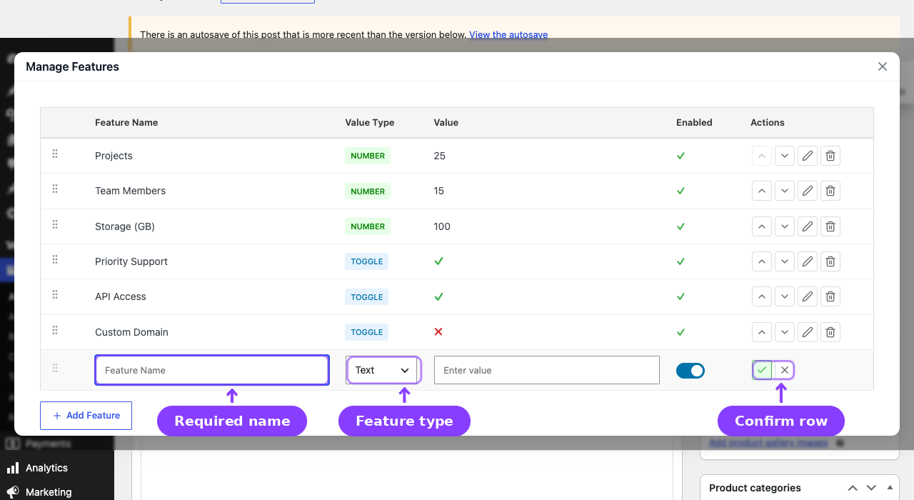 Add Feature editing row