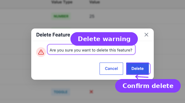 Delete Feature confirmation modal