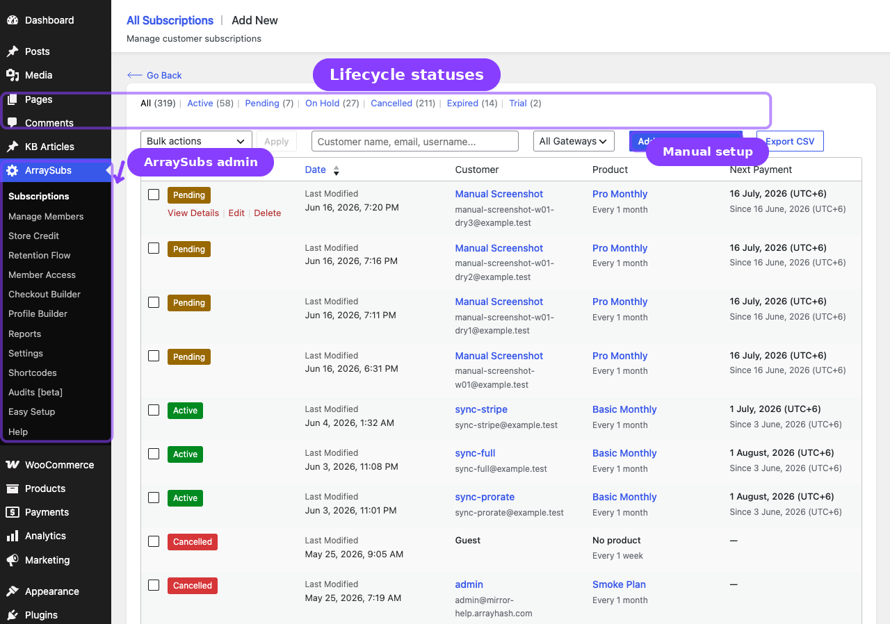 ArraySubs admin overview