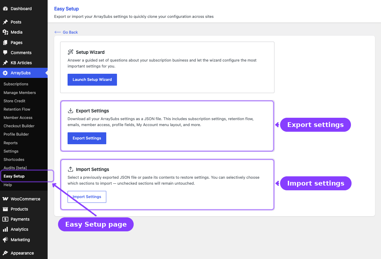 Easy Setup page