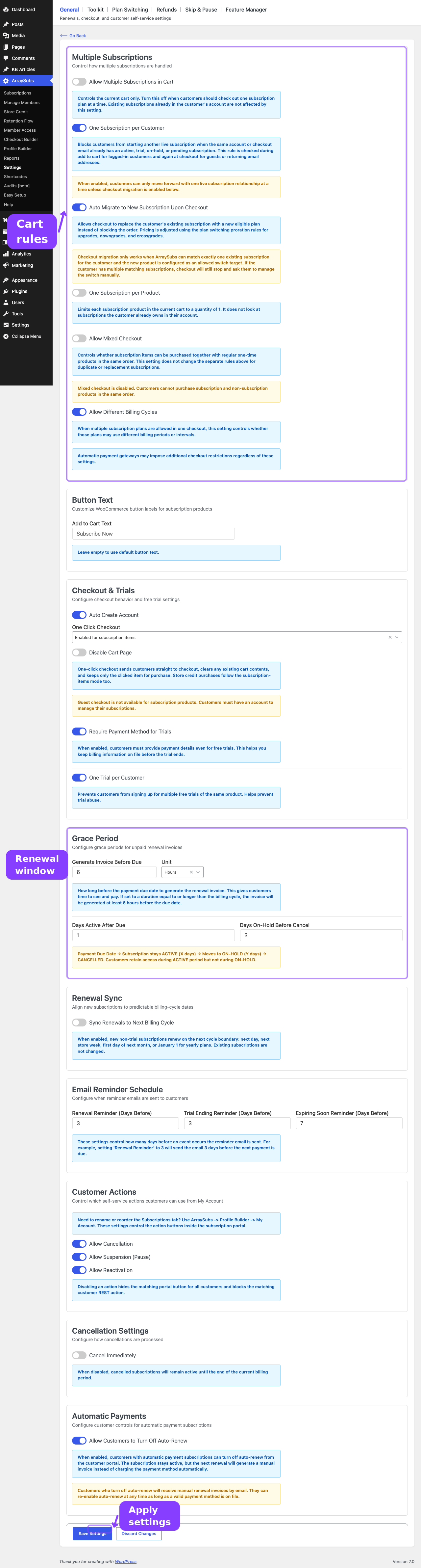 ArraySubs General Settings