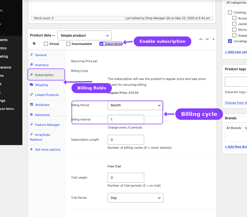 Subscription product data tab