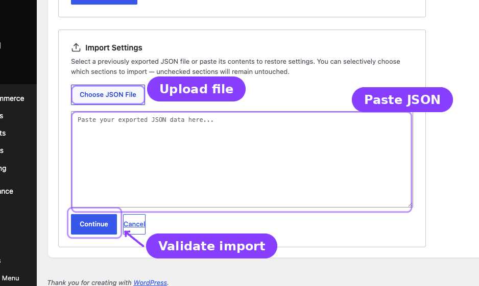 Import Settings entry form