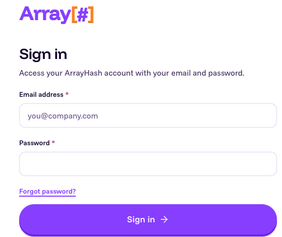 ArrayHash user portal sign in page