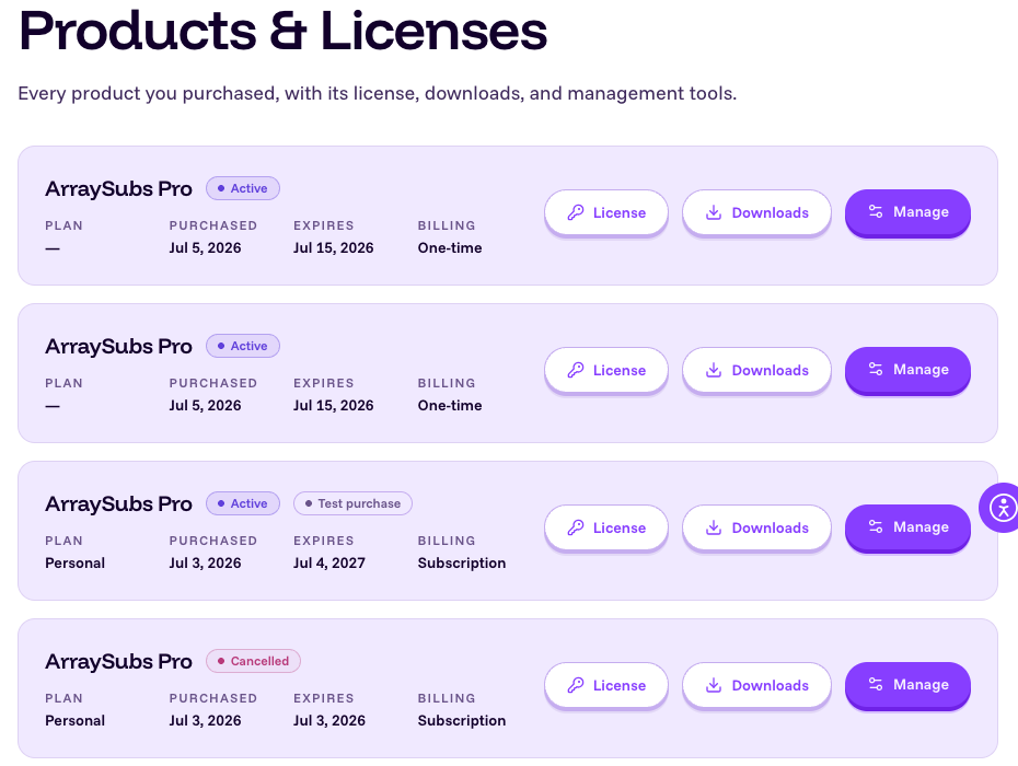 Products and licenses page in the ArrayHash user portal