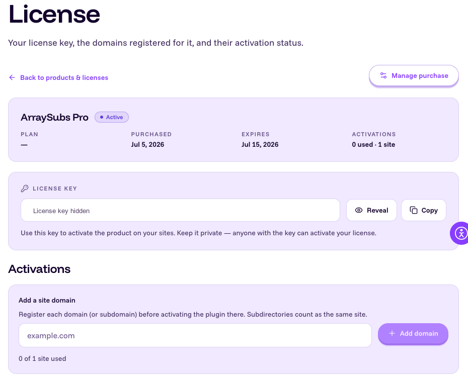 ArraySubs Pro license detail page