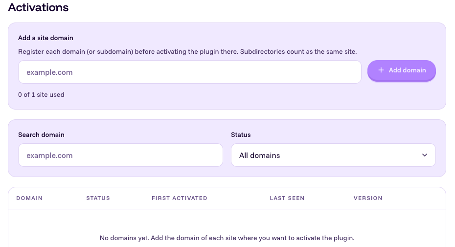 License page after removing an unused domain