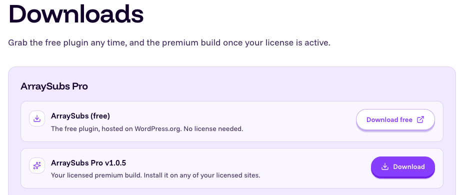 ArrayHash downloads page with ArraySubs Pro download