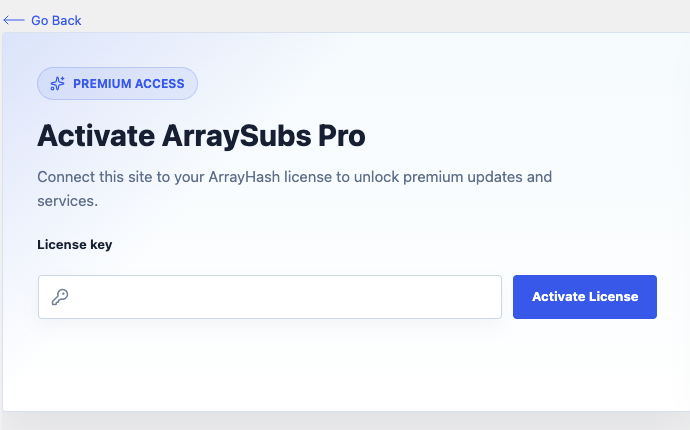 ArraySubs license activation page in WordPress