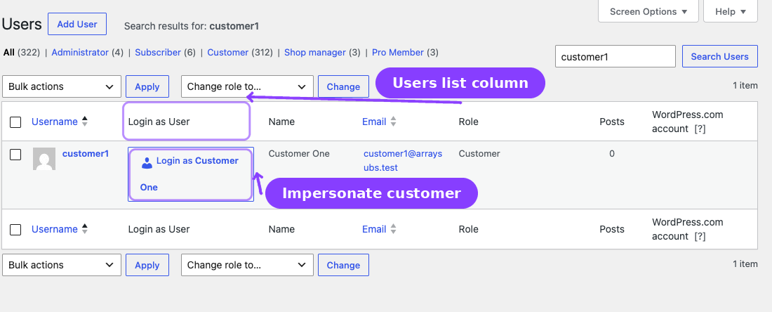 WordPress Users list — Login as User column