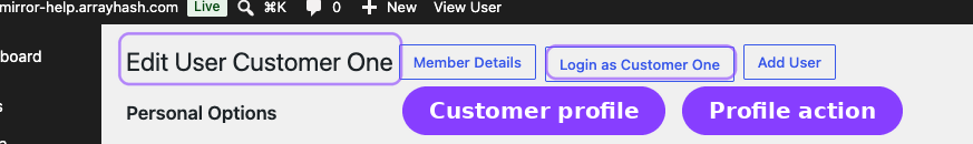 WordPress user profile — Login as Customer button