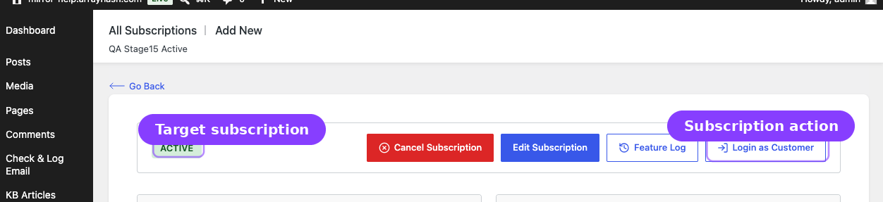 ArraySubs subscription detail — Login as Customer button