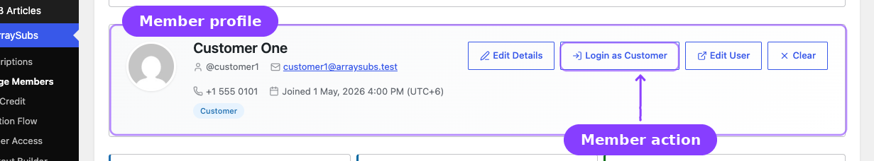 Manage Members profile — Login as Customer button