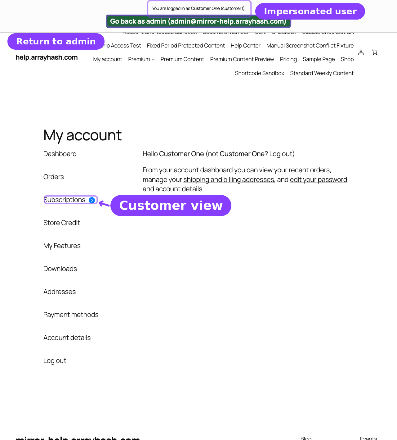 Impersonation bar while acting as a customer
