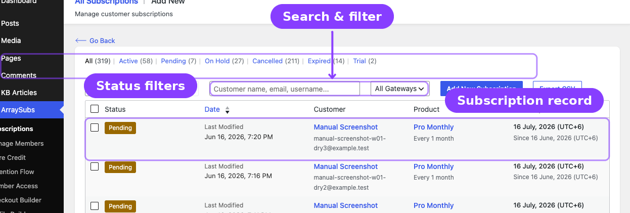 All Subscriptions list overview