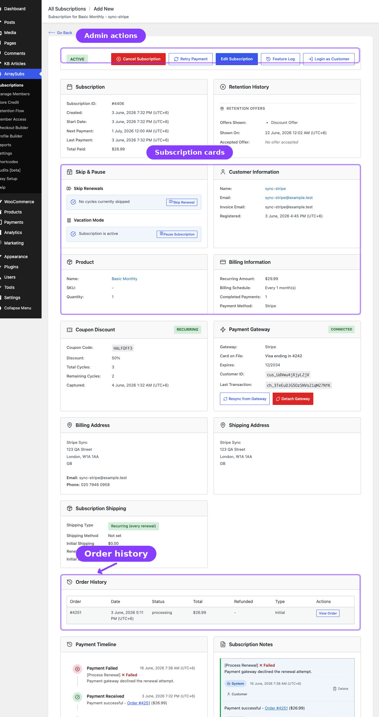 Subscription detail screen overview