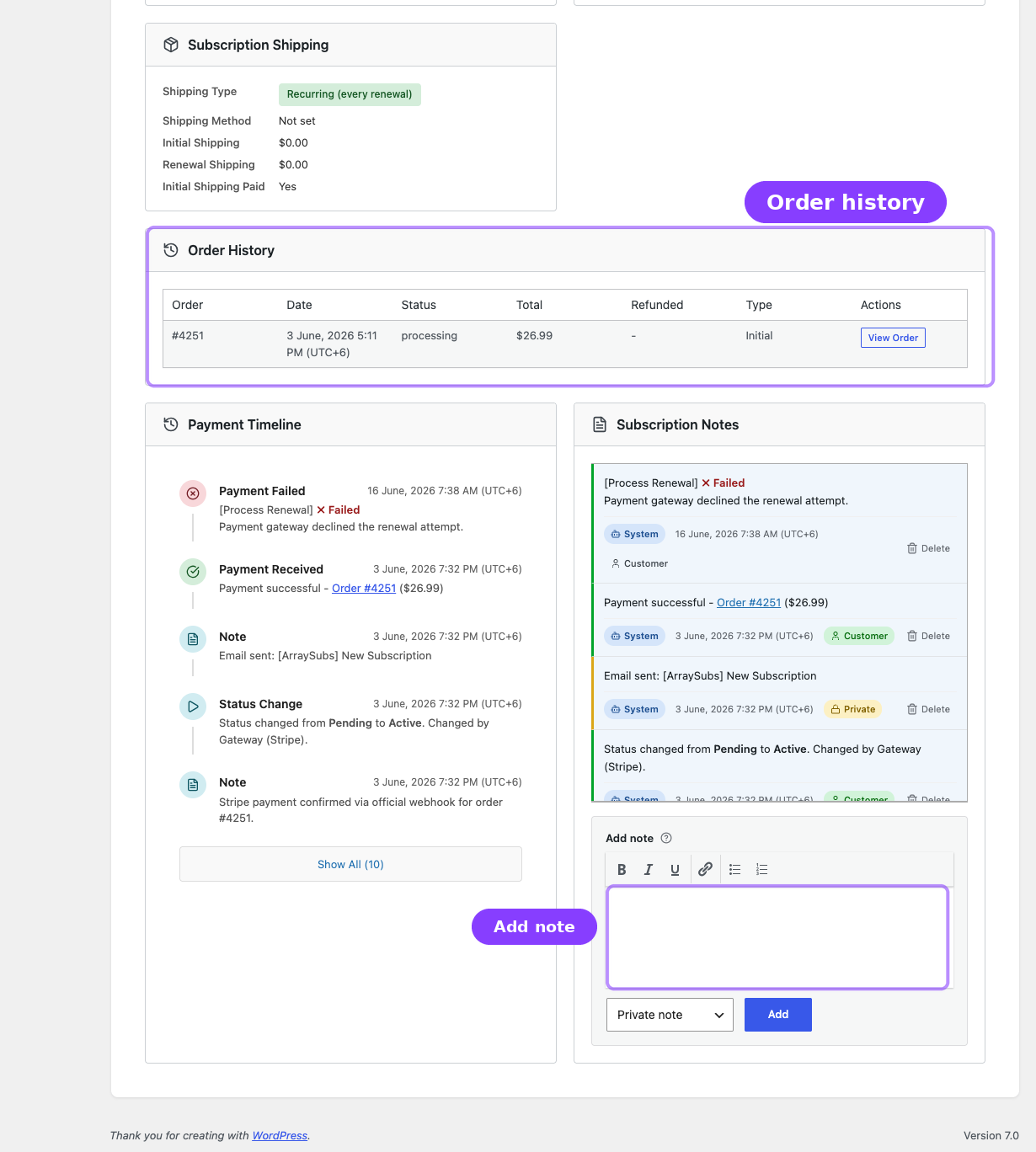 Subscription record tools — notes and order history