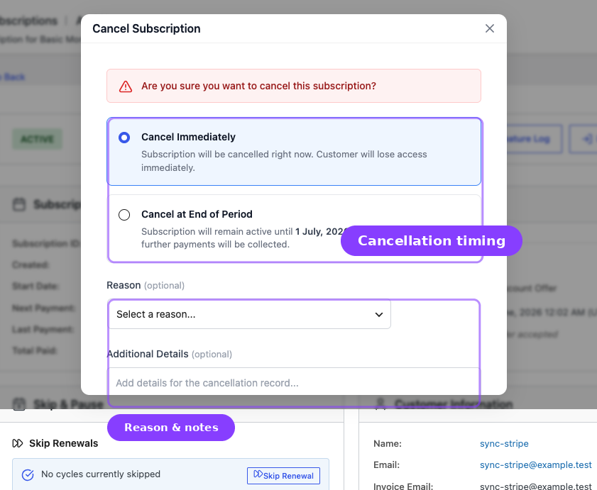 Cancel Subscription modal — timing and reason options