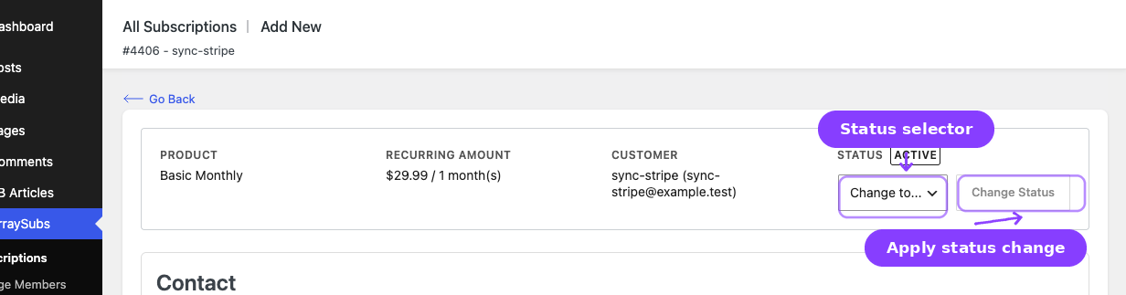 Edit subscription — status dropdown and Change Status button