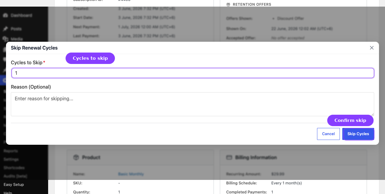 Skip Renewal Cycles modal