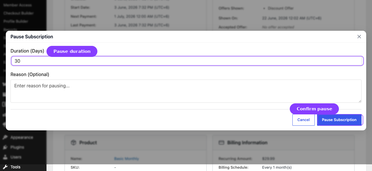 Pause Subscription modal