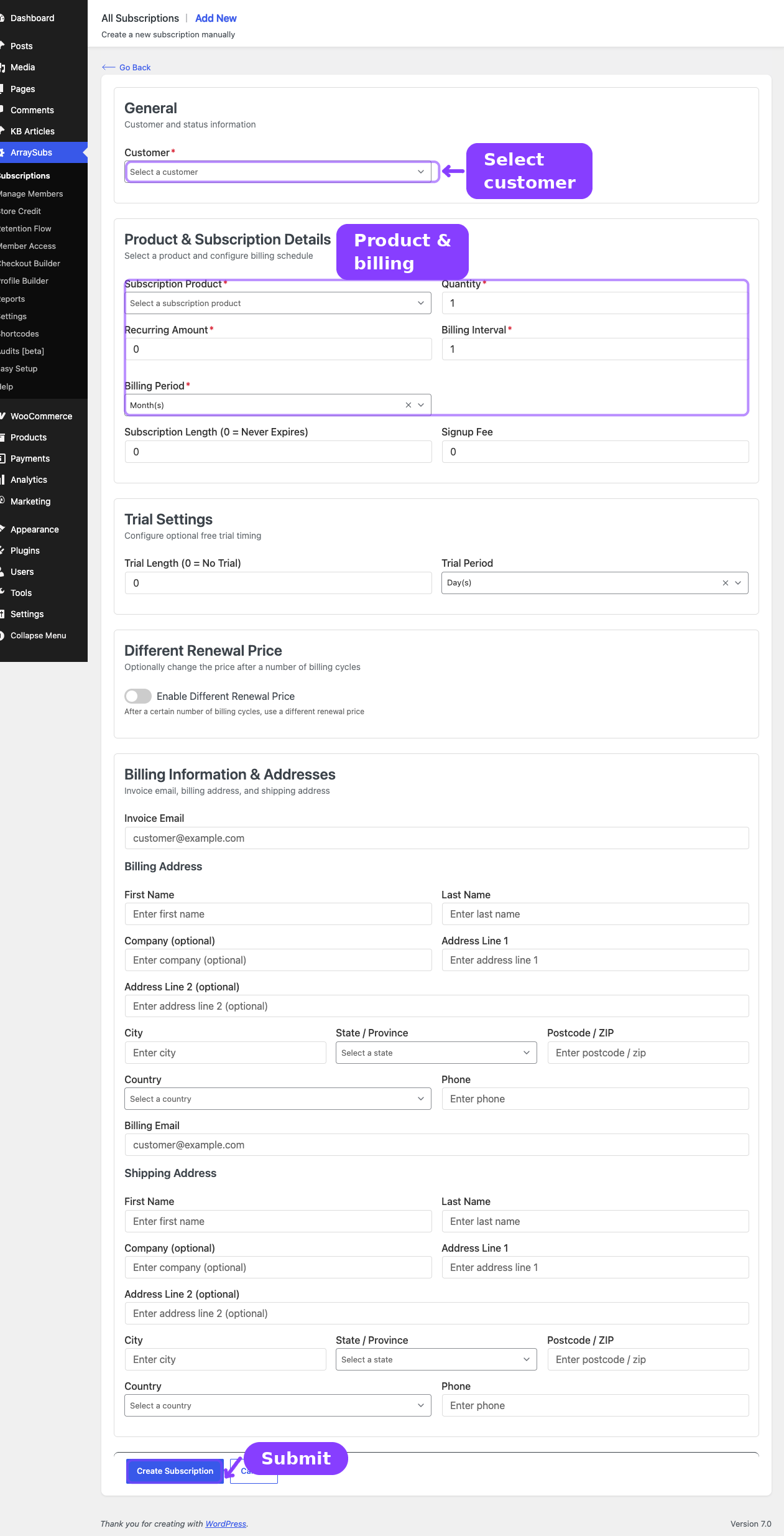 Create subscription form — customer, product, and billing fields