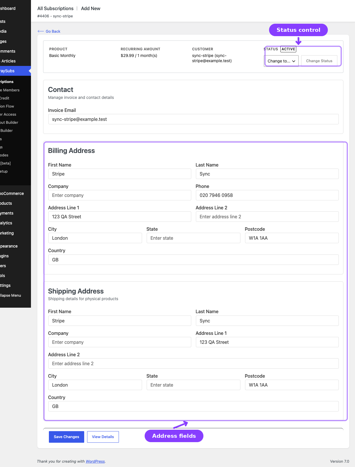 Edit subscription form — status control and address fields