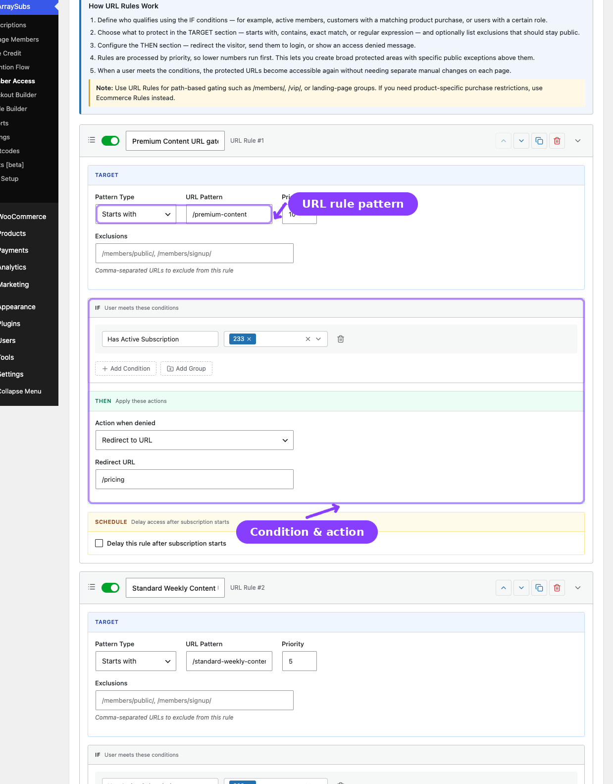 URL rules — pattern type, conditions, and action columns