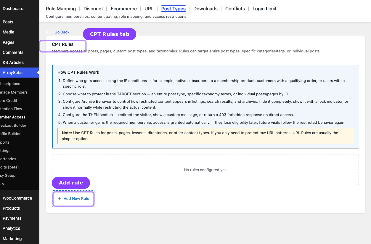 Post Types tab — CPT Rules screen with Add New Rule