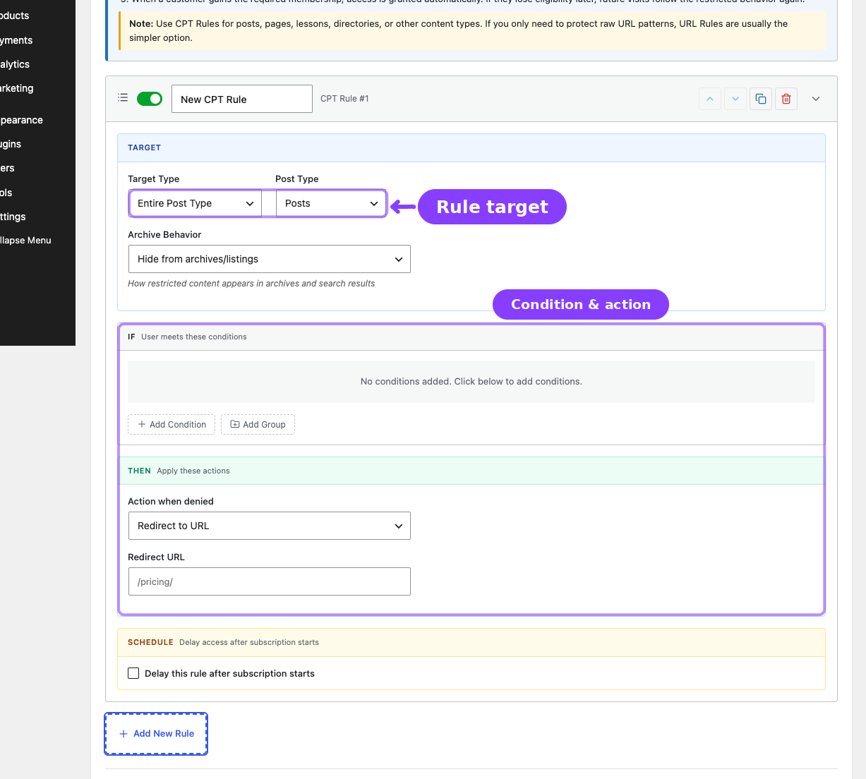 CPT rule builder — target, condition, and action fields
