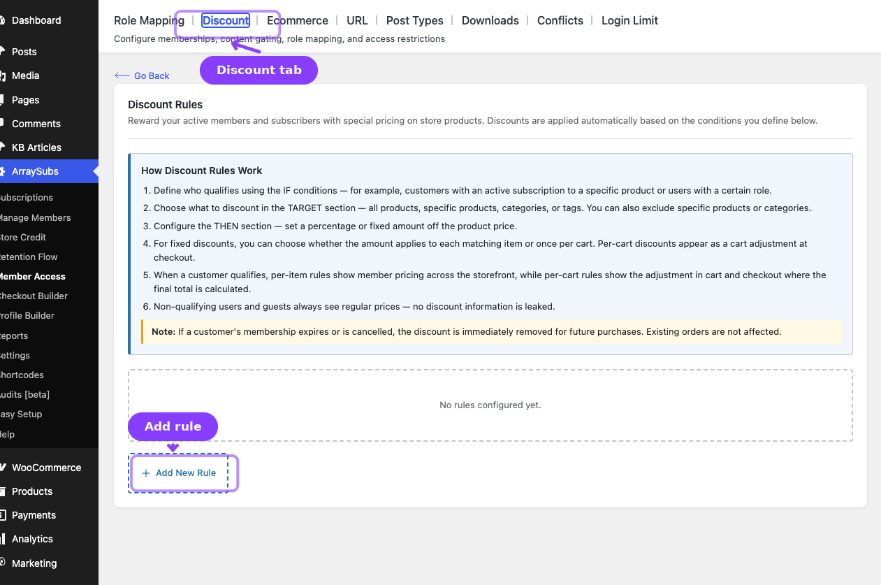 Discount tab — tab bar and Add New Rule entry point