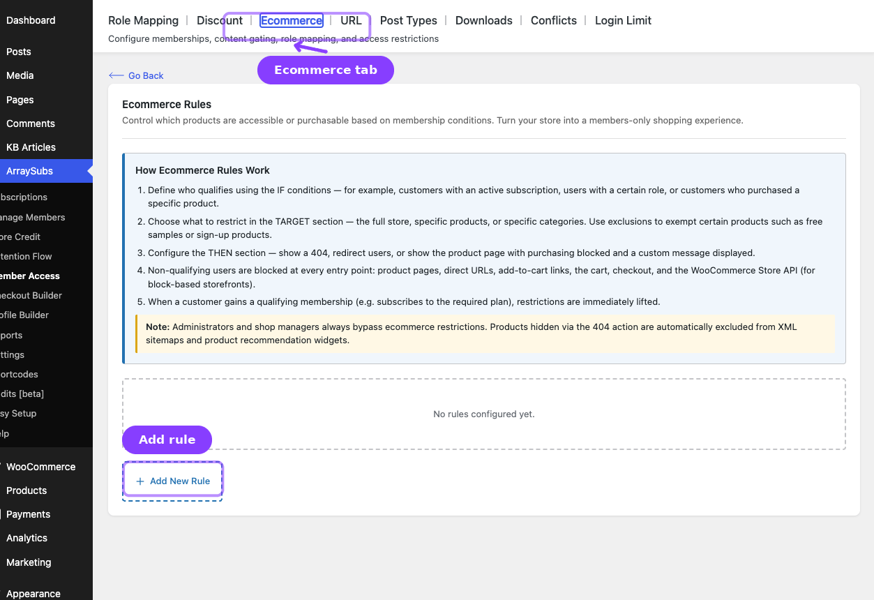 Shop Access tab — tab bar and Add New Rule entry point