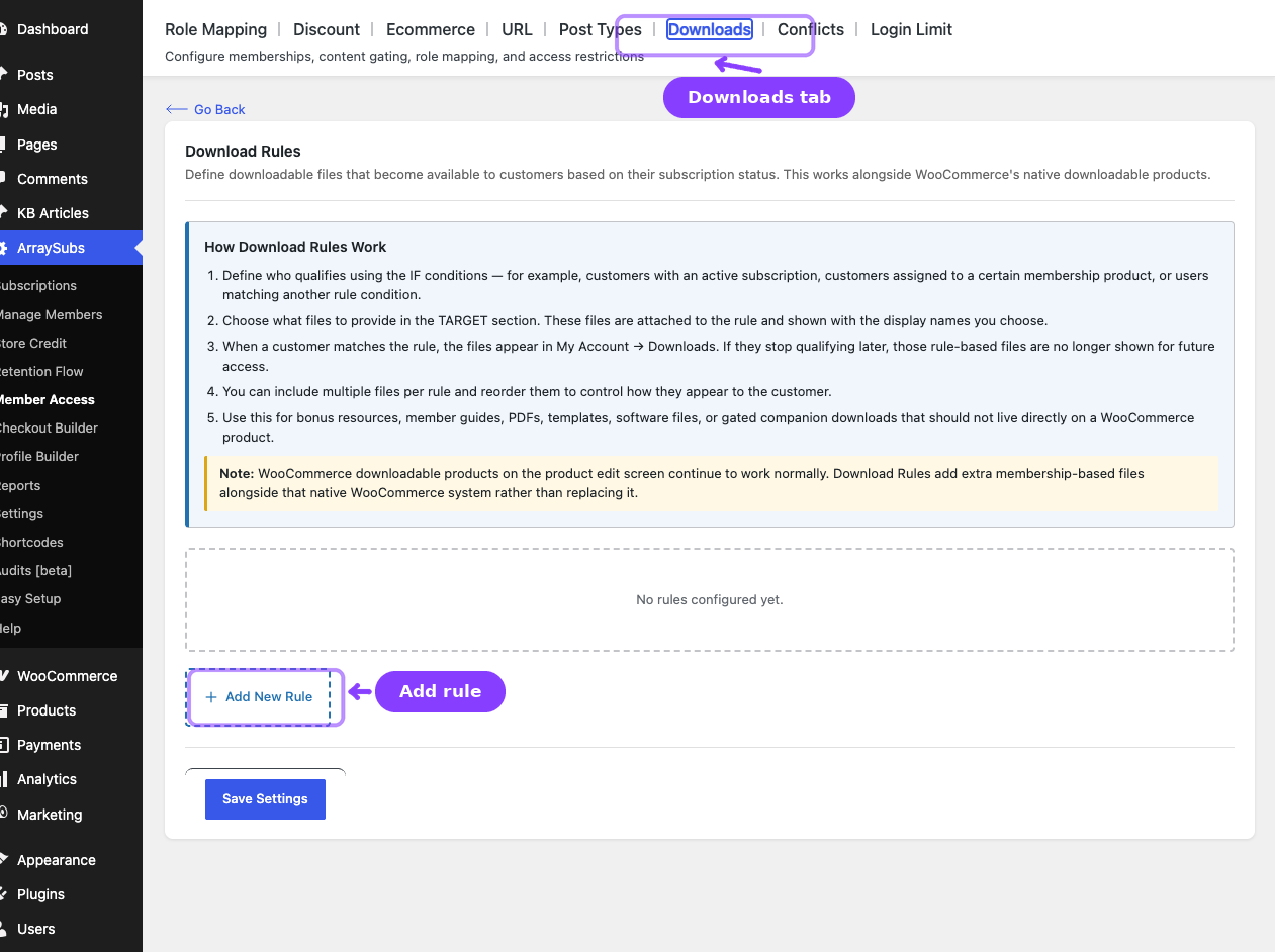 Downloads tab — tab bar and Add New Rule entry point