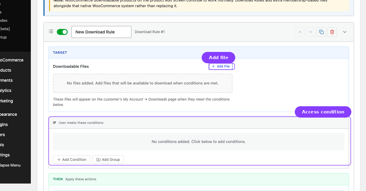 Download rule builder — Add File and access condition fields