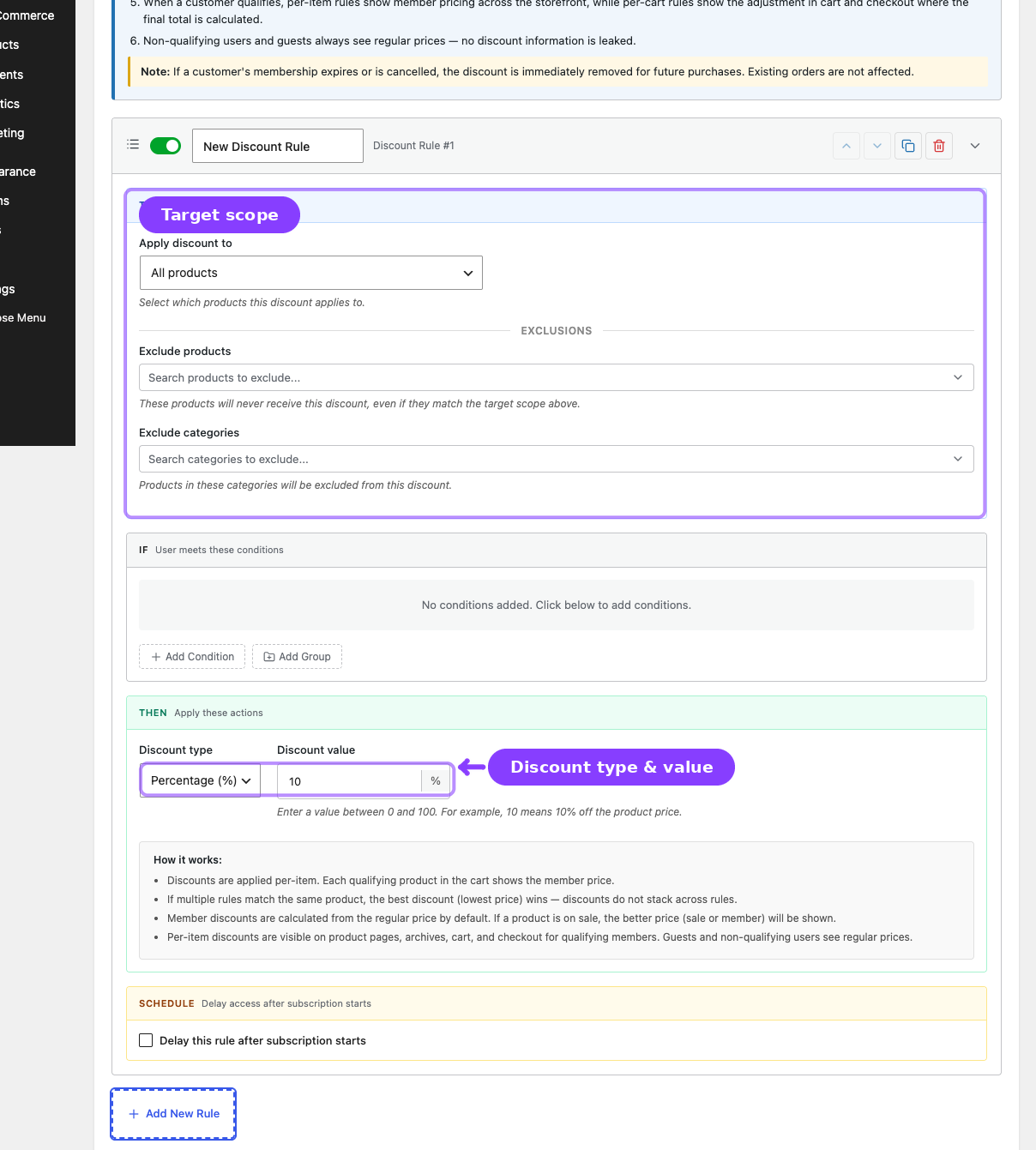 Discount rule builder — target scope and discount type fields