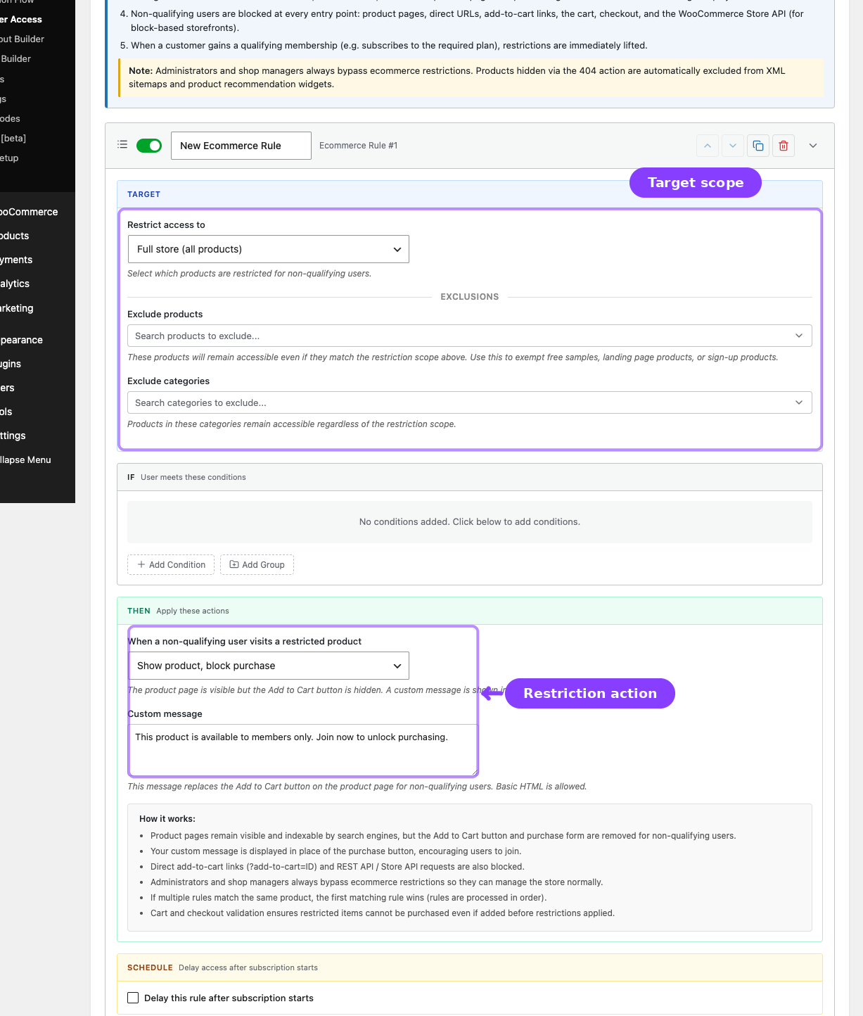 Shop Access rule builder — target scope and restriction action fields