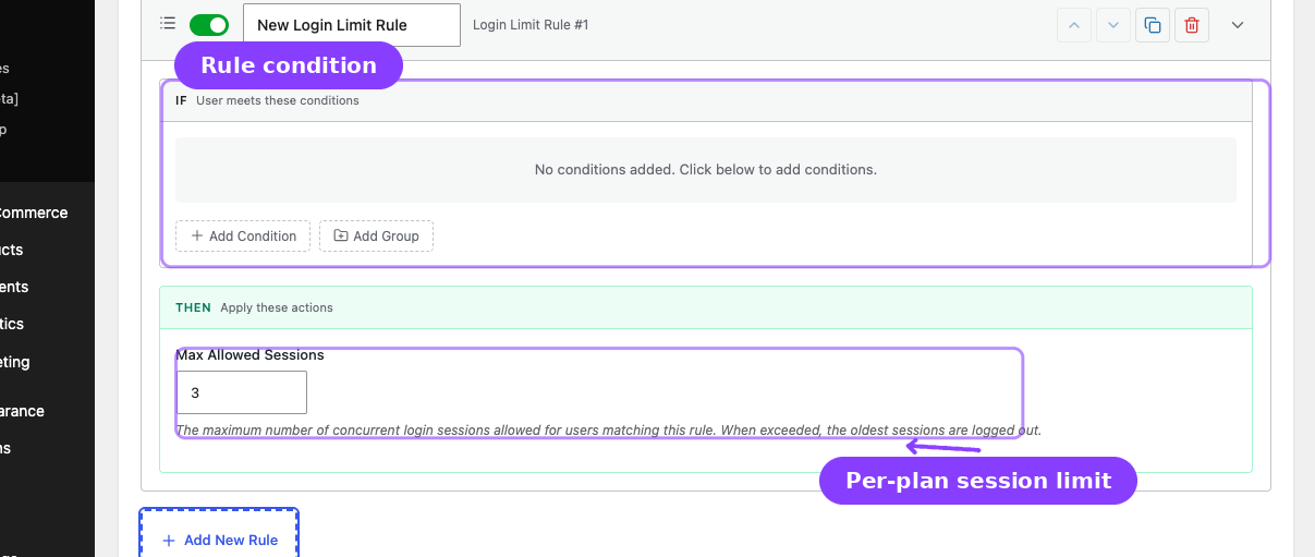 Multi-Login Prevention settings and Login Limit rule builder