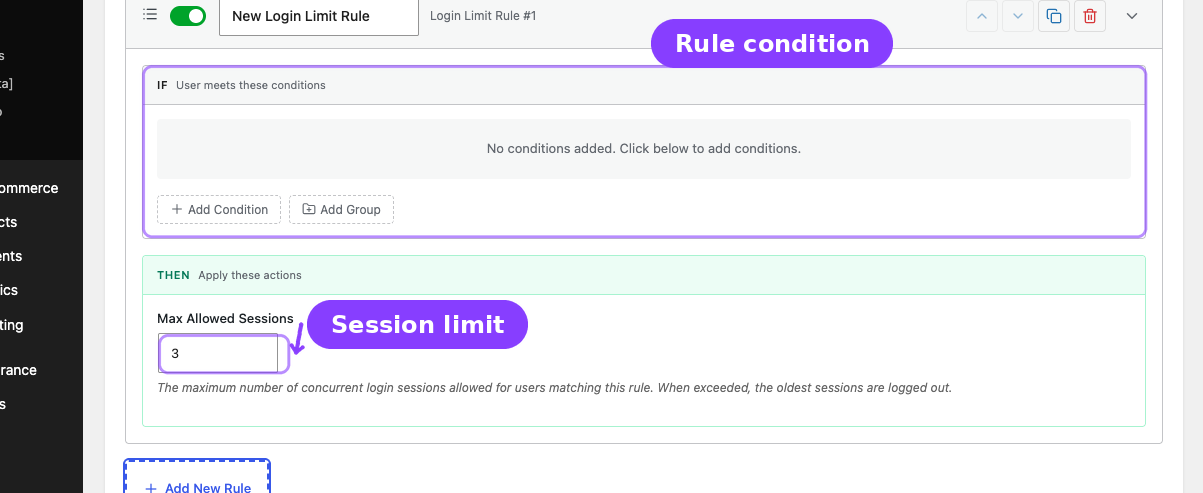 Login Limit rule builder — condition and session limit fields