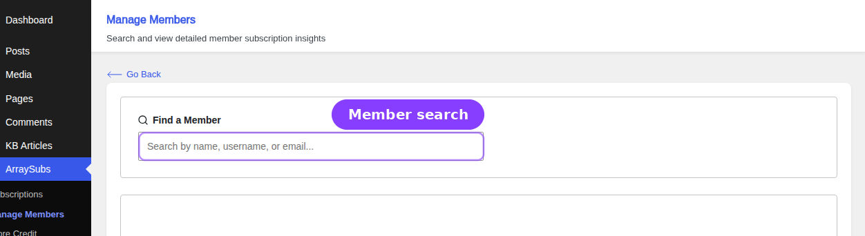 Manage Members dashboard — Find a Member search bar and empty lookup state