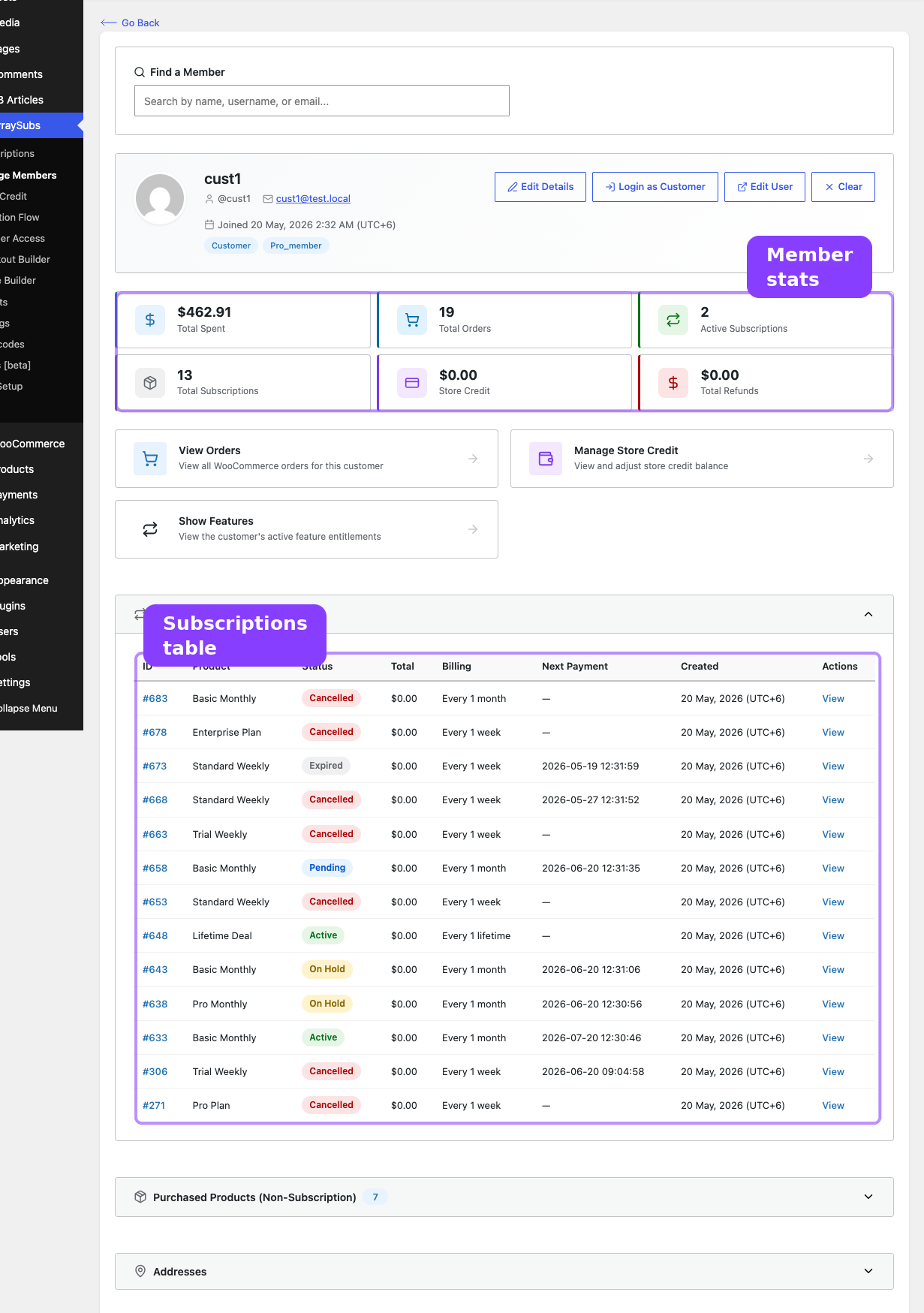 Member commerce — subscriptions table with stat cards