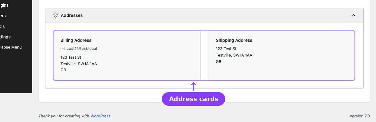 Addresses section — billing and shipping address cards
