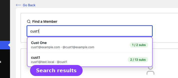 Find a Member search — results dropdown with subscription count badges