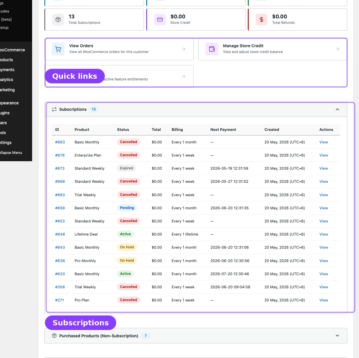 Quick-link cards and subscriptions table with View links