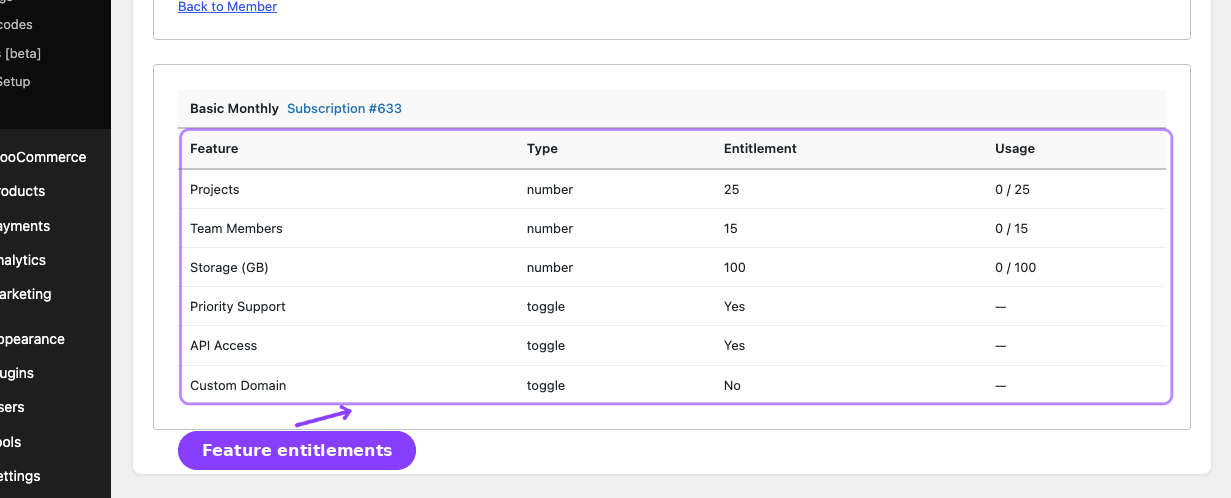 Feature entitlements page — Feature, Type, Entitlement, Usage columns