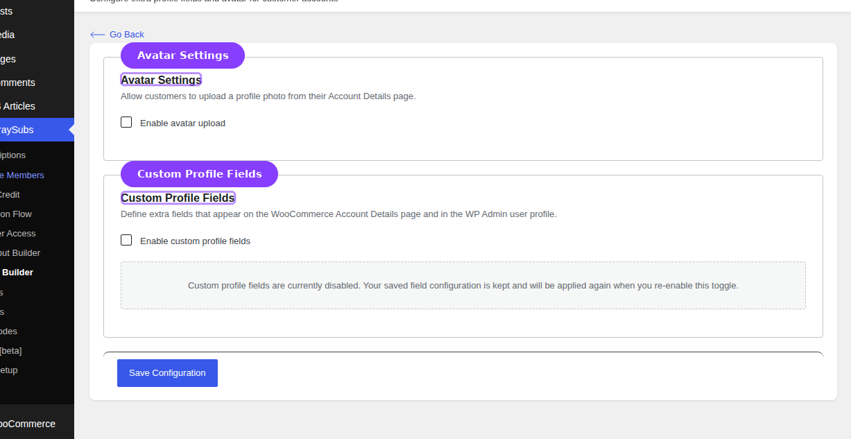 Profile Builder Profile Form — Avatar Settings and Custom Profile Fields sections