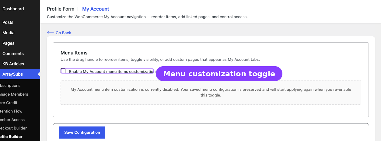 My Account editor — menu customization toggle