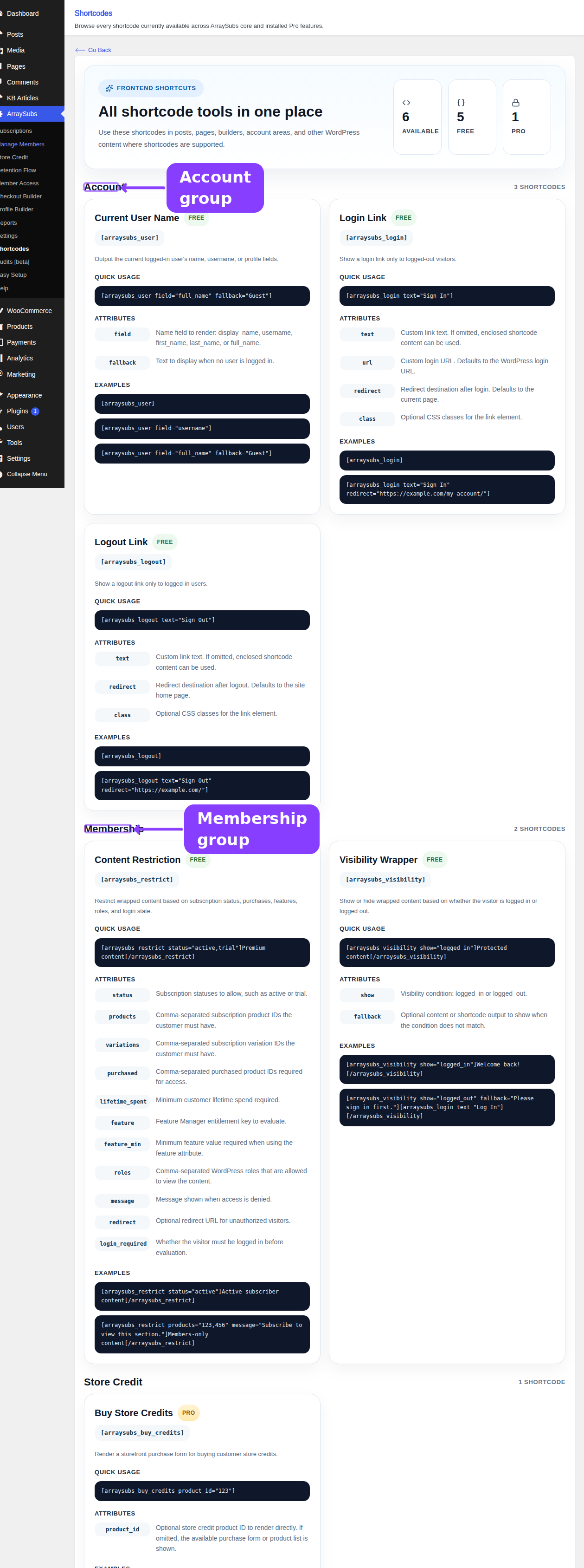Shortcodes catalog — Account group and Membership group with shortcode reference cards
