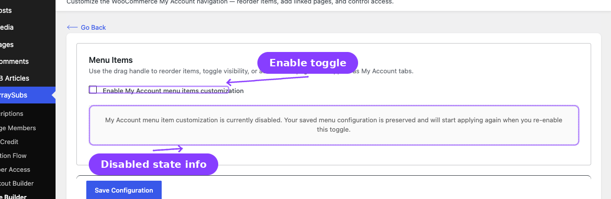 My Account editor — disabled state with Enable toggle and explanatory panel